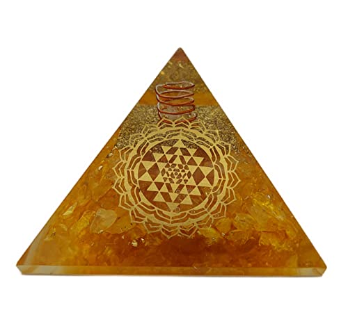 Pyramide d'énergie orgonite (240 g/8 cm) citrine avec symbole Sri Yantra | Protection énergétique Bonheur Harmonie