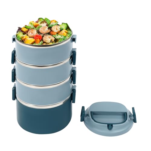 Wiyuer Fiambrera de 4 niveles, de acero inoxidable 304, apilable, 3,1 L, redonda, térmica, portátil, para comedor escolar, pícnic, comidas