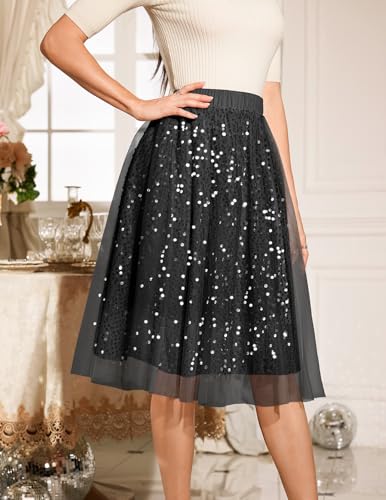 DRESSTELLS Tulle Skirts for Women, Sequin Midi Aline Pleated Elastic High Waist Long Flowy Fairy Mesh Halloween Skirt4
