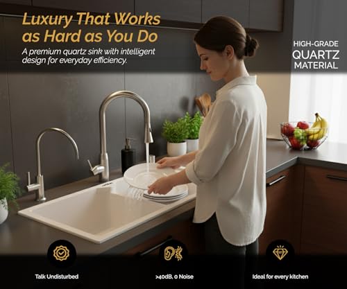 Image of ARQUIN Double Bowl Quartz with Drainboard Kitchen Sink 45x20x9 Inch Rosa | Undermount,Topmount | Including Coupling,Sink Connector,Waste Pipe & Fruit Washing Basket