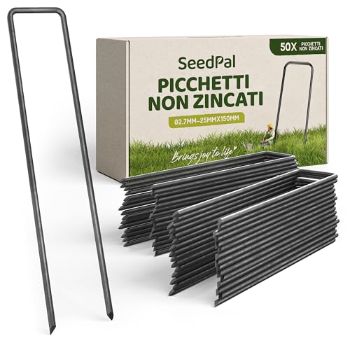 SeedPal 50 Picchetti in Acciaio Robusto Non Galvanizzato - Per Telo di Pacciamatura, Recinzione e Rete - 150mm di Lunghezza, 25mm di Larghezza, Ø 3mm