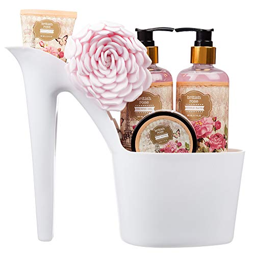 5 Piece Stylish British Rose Body & Bath High Heel Shoe Gift Set - Includes Shower Gel, Bubble Bath, Body Butter, Body Lotion and an Eva Puff