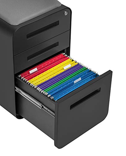 Laura Davidson Furniture STOCKPILE Curve Seated 3-Drawer Mobile File Cabinet with Removable Magnetic Cushion Seat - Metal Filing Cabinet, Pre-Assembled, Black with Dark Grey Cushion