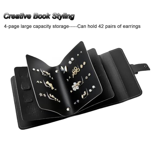 Image of LAKE OF FIRE Earring Holder Organizer with Foldable Book Design Book Organizer, Portable Pu Leather Travel Earring Case (Black)
