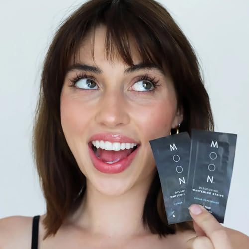 Image of MOON On-The-Go Teeth Whitening Kit, 14 Peppermint Dissolving Strips + 0.09 Fl Oz Vanilla Mint Pen, Remove Stains & Whiten Teeth up to 7 Shades in 2 Weeks, Travel Essentials, Vegan