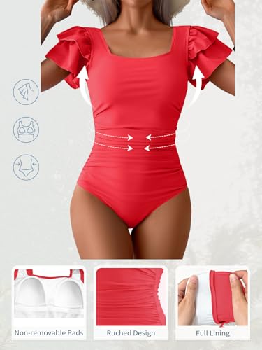 Image of Eomenie Women's Tummy Control One Piece Swimsuit Ruffle Square Neck Bathing Suit Ruched Cutout Back Slimming Swimwear