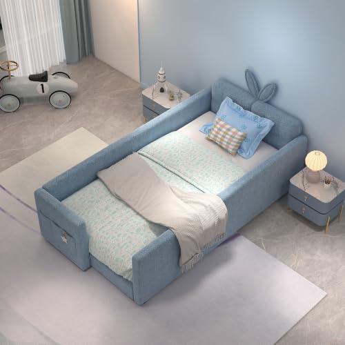 Image of Twin Size Bed Frame for Kids, Upholstered Daybed Frame Floor Bed with Safety Rails and Storage Pocket Cute Rabbit Ear Shaped Headboard for Kids Teens Boys Girls, Blue