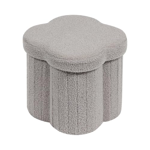 Image of B FSOBEIIALEO Storage Ottoman Cube, Flowers Shaped Ottomans with Storage Foot Stool Footrest for Lving Room, Boucle Ottoman Seat for Dorm Room,Faux Teddy Fur, Grey 12.6 inchx12.6 inchx12.6 inch