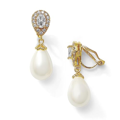 Mariell Pearl Gold Clip-On Wedding Earrings for Brides, Pearl and CZ Non-Pierced Drop Bridal Earring2