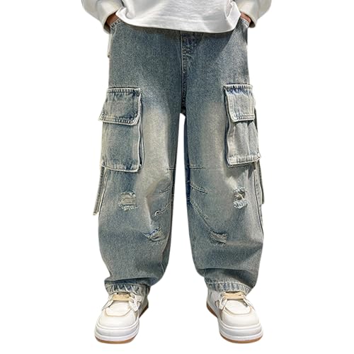 Boys Cargo Jeans Baggy High Waist Hip Hop Denim Pants Teen Lightweight Streetwear Y2K Oversized Cute Trousers