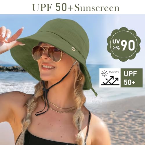 Image of SANNIDHI Sun Hats for Women Bucket Hat for Women, Wide Brim Summer UV Protection Beach Hat, Outdoor Casual Womens Hats with Chin Strap, Fashion Ladies