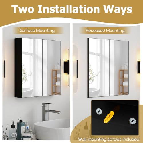 LIFEZEAL Armario con Espejo de Baño, Armario de Pared con 2 Puertas y 2 Estantes, Mueble de Inodoro Colgante, 62 x 11,3 x 65 cm, para Cuarto de Baño y Dormitorio (Negro) - imagen 5