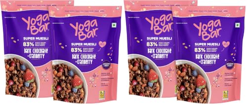 Image of Yogabar Wholegrain Breakfast Muesli - Dark Chocolate + Cranberry, 700g (Pack of 4) (Super Saver Pack) | Healthy Cereals | Granola | Gluten Free | Antioxidant & Protein Rich