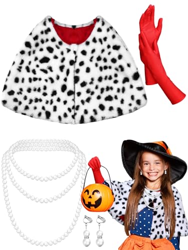 Yaomiao 4 Pcs Kids Halloween Dalmatian Costume Girls Faux Stole Dalmatian Shawl with Red Gloves Pearl Necklace and Earrings(Fashion)