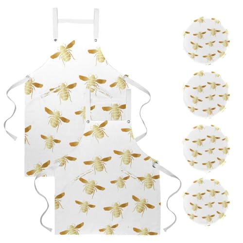 Lot de 2 tabliers de cuisine motif abeille dorée avec 4 broches