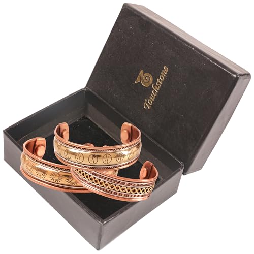 Image of Touchstone copper bracelets | gift for men women |adjustable 100% pure solid real magnetic jewelry | handmade bracelet set combo | rope braided tibetan bangles.