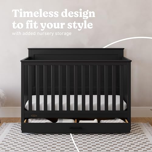 Image of Graco Tristan 5-in-1 Convertible Crib with Drawer (Black) - GREENGUARD Gold Certified, Fits Standard Crib Mattress, Premium Handle, Converts to Toddler Bed, Daybed, and Full-Size Bed