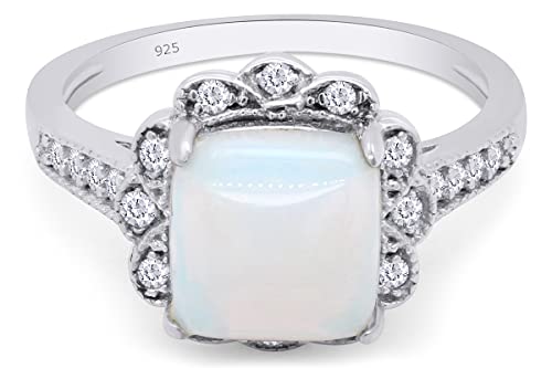 SAVEARTH DIAMONDS Cushion Cut 7MM Center Synthetic Opal Gemstone & Round Cut Sparkling Cubic Zirconia Halo Solitaire Engagement Ring In 14k Gold Over Sterling Silver Jewelry For Women3