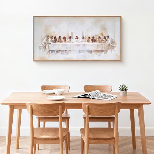 Image of KAIRNE Jesus Last Supper Framed Canvas Wall Art Set, Christian Twelve Apostle Wall Decor, Bible Renaissance wall Painting, Religious Picture Art Print for Living Room, Bedroom, Church-40 x20 x1
