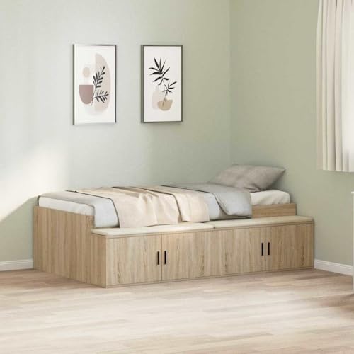 vidaXL Stauraum Bettgestell Sonoma Eiche 90X200 cm | Solides Holz Zeitgenössisches Design Geräumige Fächer Geeignet