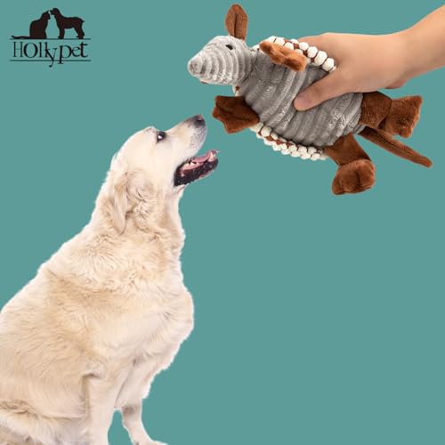 Image of Hollypet Plush Dog Squeaky Toy Stuffed Armadillo Animal Pet Puppy Chew Toys with Clean Teeth for Small Medium Large All Breed Sizes Dogs, Milky White, 8 in