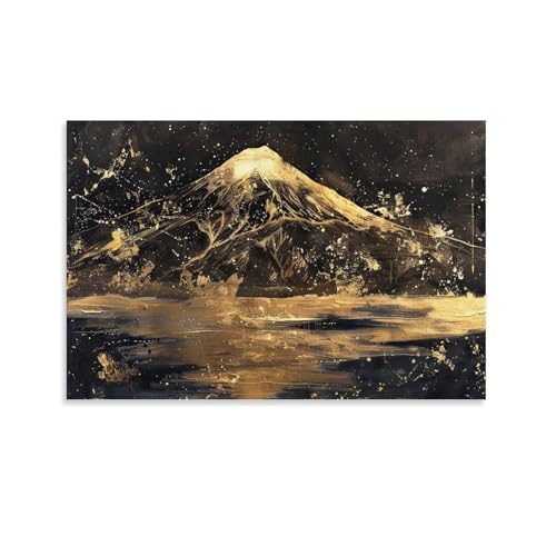 和風金の富士金運ゴールド山富士山ふじさん運気開運ポスター (57) パネル キャンバス 壁アート ホームアートワーク すぐに掛けられます12x18inch(30x45cm)