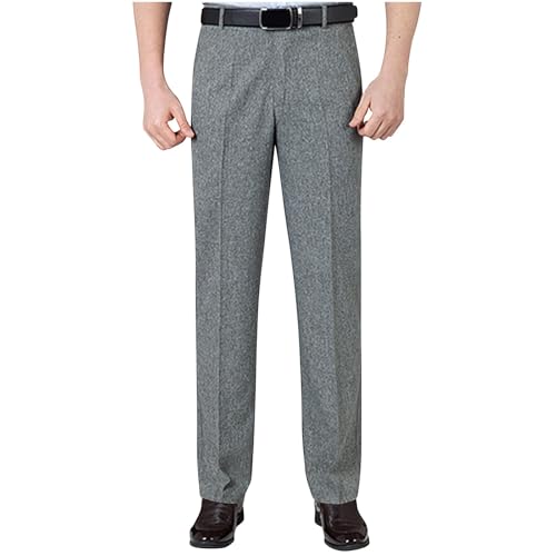Mens Straight Fit Dress Pants Classic Casual Business Office Work Big and Tall Expandable Waist Cotton Linen Trousers