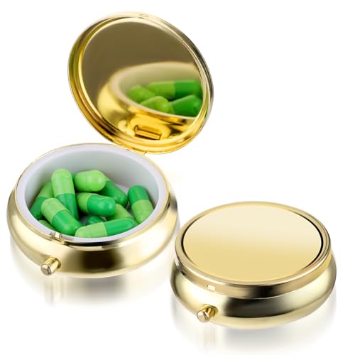 WLLHYF Pill Box Cute Small Pill Box for Purse & Pocket Medicine Organizer Travel Pillbox Waterproof Pill Case Metal Pill Container Holder for Vitamins Fish Oil Supplements(Gold)