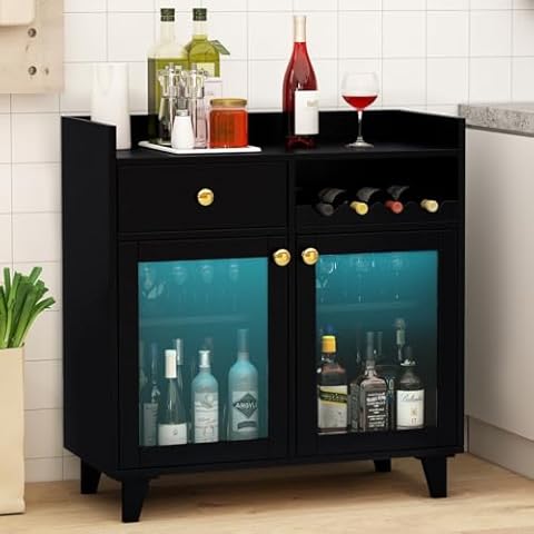 COCO DESIGN Small Bar Cabinet, Black Modern Liquor Wine Cabinet with Storage with Led Light for Home, Farmhouse Buffet Coffee Sideboard with Glass Door & Wavy Wine Rack for Kitchen Cover