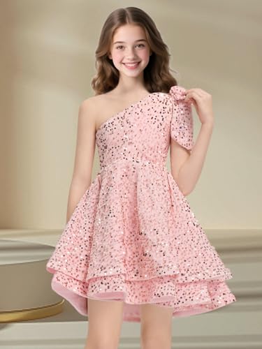 Sequined Girls' Special Occasion Dresses Short Flower Girl Dress One Shoulder Fancy Party Tutu Dresses for Teens2