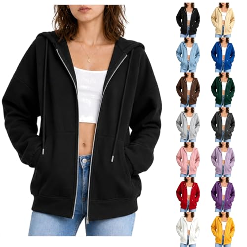 Damen Sweatjacke mit Kapuze Zipper Kapuzenjacke Hoodie Oversize Sweatshirt für Frauen Langarm Kordelzug Taschen Locker Bequem Weich Basic Casual Freizeit Sport Streetwear Herbst Übergang Schwarz L