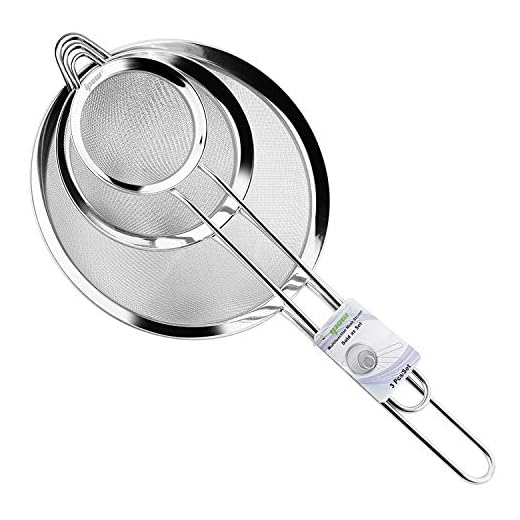 IPOW Set of 3 Stainless Steel Fine Mesh Strainer, Colander Sieve Sifters with Long Handle for Kitchen Food, Small Medium Large Size for Tea Coffee Powder Fry Juice Rice Vegetable Fruit Etc