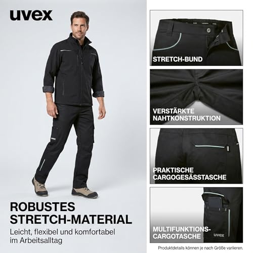 Uvex Tune-up Light Arbeitshose Herren | schwarz-Reflex Größe 58 | Bundhose 2-Wege-Stretch | leicht, robust, elastisch | Cargotaschen & Zollstocktasche