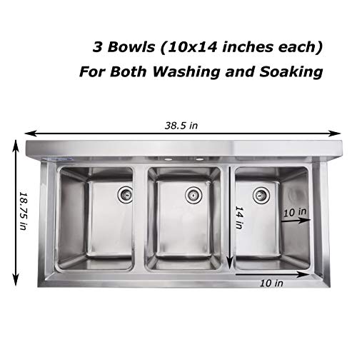 Profeeshaw 3 Compartment Sink Commercial Stainless Steel NSF Utility Basin with 10x14x10 Bowl for Kitchen or Bar in Home or Restaurant