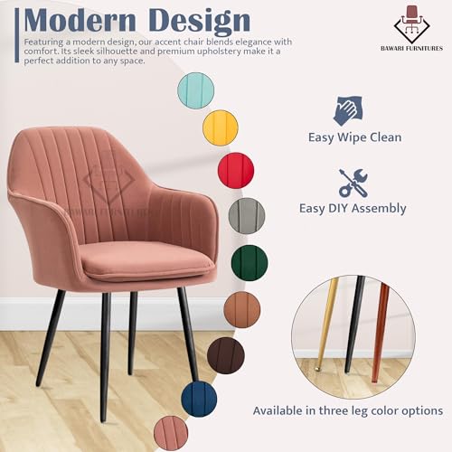 Image of Plush Dining Chair | Accent Chair for Living Room Bedroom Restuarant | Velvet Fabric & Thick Cushion Seat with Sturdy Glossy Metal Legs (Black Legs, Pink)