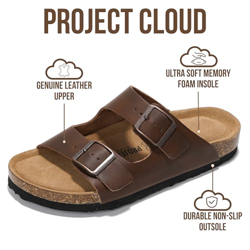 Image of Project Cloud 100% Genuine Leather Flat Sandals For Women 2026 Cork Footbed Womens Sandals with Memory Foam and arch support Vacation Essentials Slides for Women Footwear (Venita)