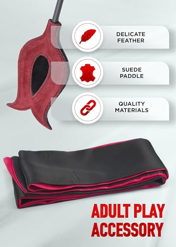 Image of Adult Feather Tickler for BDSM Play Red 15 inch, Satin Eye Mask for Women Red 59 inch Sex Bondage Blindfold, SM Starter Kit Restraints Fetish Toys Couples