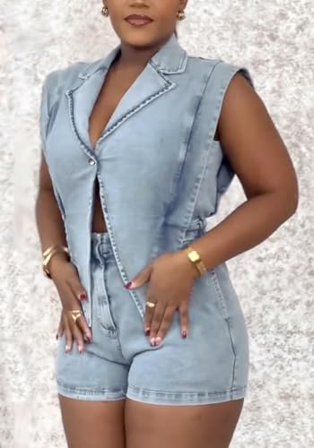 Ecirod Women's Denim Jumpsuit Romper Sexy V Neck Button Link Hollowed Sleeveless Jean Shorts2