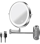Mokoze Rechargeable Wall Mounted Makeup Mirror, Silvery Bathroom Mirror 8 Inch 1X/10X Magnificati...