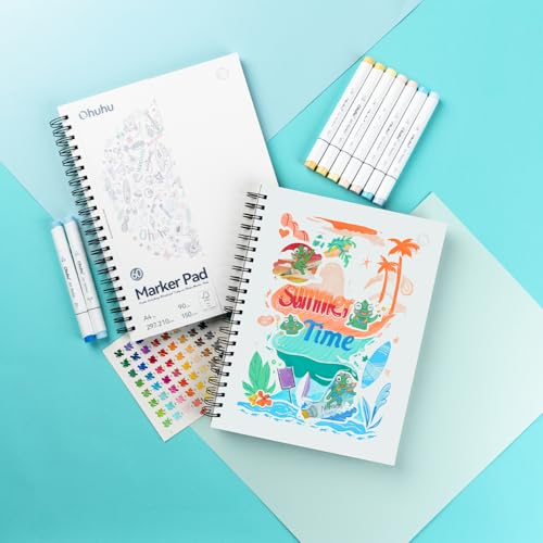 Ohuhu Sketchbook Bleedproof- A4, 60 Sheets/120 Pages of 150GSM Smooth Drawing Paper, A4 Large Paper Size, Double Sided Marker Pad, Spiral Bound Art Book for Alcohol Markers
