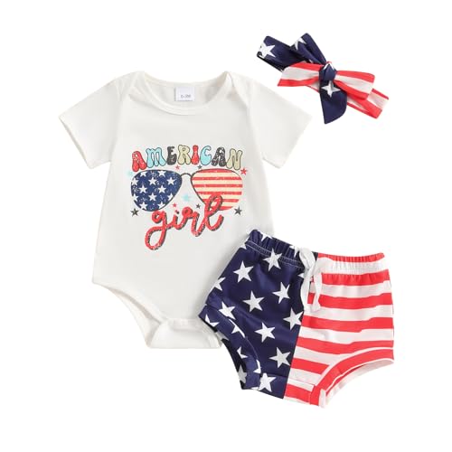 Fourth of July Baby Girl Outfit Newborn American Stripe Star Romper Top Bummies Shorts Set 4th of July Clothes (American Girl, 9-12 Months)