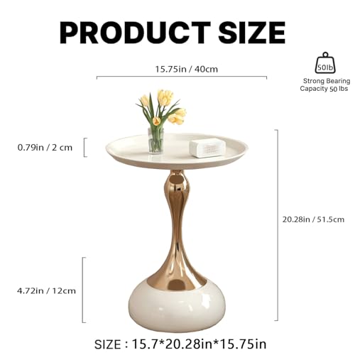 Modern Round Side Table with Gold Pedestal Base, Black Metal Top, Accent End Table for Living Room (White)