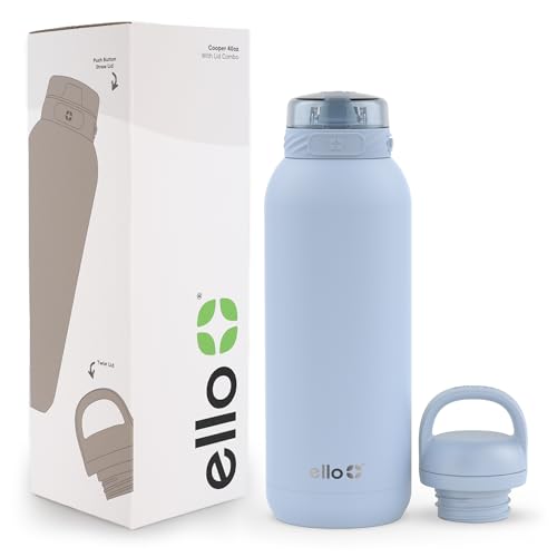 Ello Cooper 40oz Stainless Steel Water Bottle with 2 Lids Chug and Straw | Leak Proof | Double Walled and Vacuum Insulated | Built in Carry Loop | Dishwasher Safe | Halogen Blue