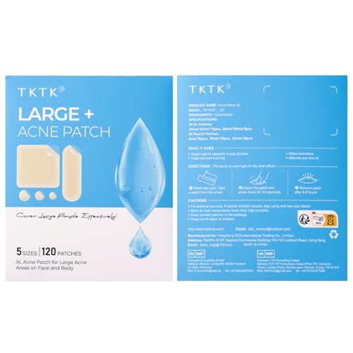 TKTK Pickel Patch für Gesicht, Große Pimple Patches für Akne an Körper, Rücken, Stirn & Wange. XL Akne Patches, Hydrokolloid-Pflaster (5 Größen 120 Stück)