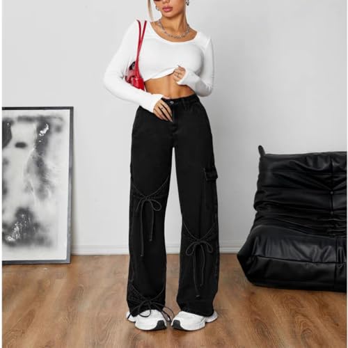 Baggy Jeans for Women Y2K Wide Straight Leg Denim Pants Mid Rise Casual Boyfriend Jeans with Bows3