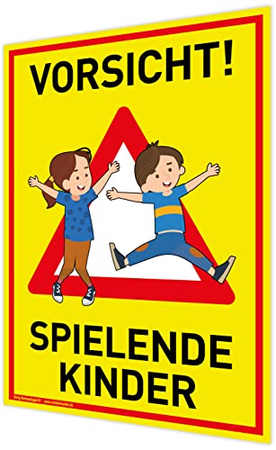 Großes Schild Vorsicht! Spielende Kinder | 30x42cm | wetterfestes PVC-Schild mit UV-Schutz | signalgelb | Achtung Spieplatz | Langsam! Spielende Kinder - Image 4