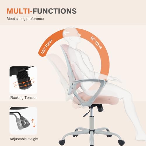 Image of Sweetcrispy Ergonomic Mid-Back Mesh Home Office Desk Chair with Wheels, Managerial Executive Chair with Lumbar Support, and Comfortable Armrests for Home, Bedroom, Study, Office, Pink