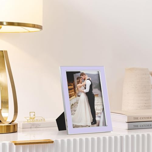Image of eletecpro 4x6 Enamel Picture Frame Set of 2 with Real Glass Cover, Cute Photo Frame with Silver Metal Edge, Horizontal and Vertical Display Pictures 4 by 6 for Tabletop and Wall Decor, Purple