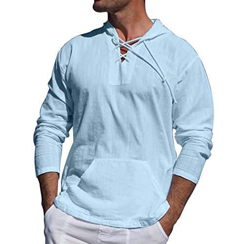 SEGANUP Mens Casual Cotton Linen Pullover Hoodie Baggy Long Sleeve Beach Lace Up Hippie Tops with Hat