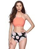 Verano Playa Women's Swimsuits High Neck Halter Bathing Suits Two Piece Floral Printed Bikini Set with Wave Edge Pink Flower